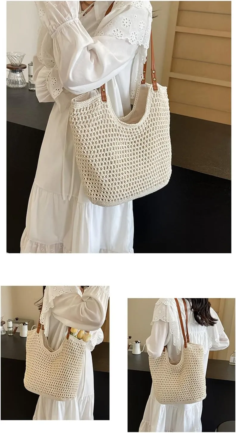 Beach Tote Bag Women Mesh Woven Crochet Lined 2024 Summer Knit Handbag PU Strap Zip Boho Travel Vacation