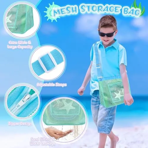 Beach Toys, Sand Toys with 2 Collapsible Buckets, Mesh Shovels, Sand Shovels, Mesh Bags for Shell Collecting, Shark Tooth Sifter Sand Dipper Beach Scoop for Kids Boys Girls