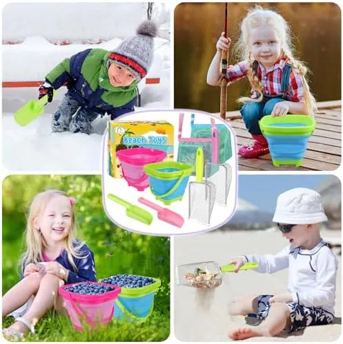 Beach Toys, Sand Toys with 2 Collapsible Buckets, Mesh Shovels, Sand Shovels, Mesh Bags for Shell Collecting, Shark Tooth Sifter Sand Dipper Beach Scoop for Kids Boys Girls