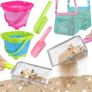 Beach Toys, Sand Toys with 2 Collapsible Buckets, Mesh Shovels, Sand Shovels, Mesh Bags for Shell Collecting, Shark Tooth Sifter Sand Dipper Beach Scoop for Kids Boys Girls