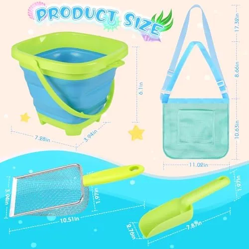 Beach Toys, Sand Toys with 2 Collapsible Buckets, Mesh Shovels, Sand Shovels, Mesh Bags for Shell Collecting, Shark Tooth Sifter Sand Dipper Beach Scoop for Kids Boys Girls