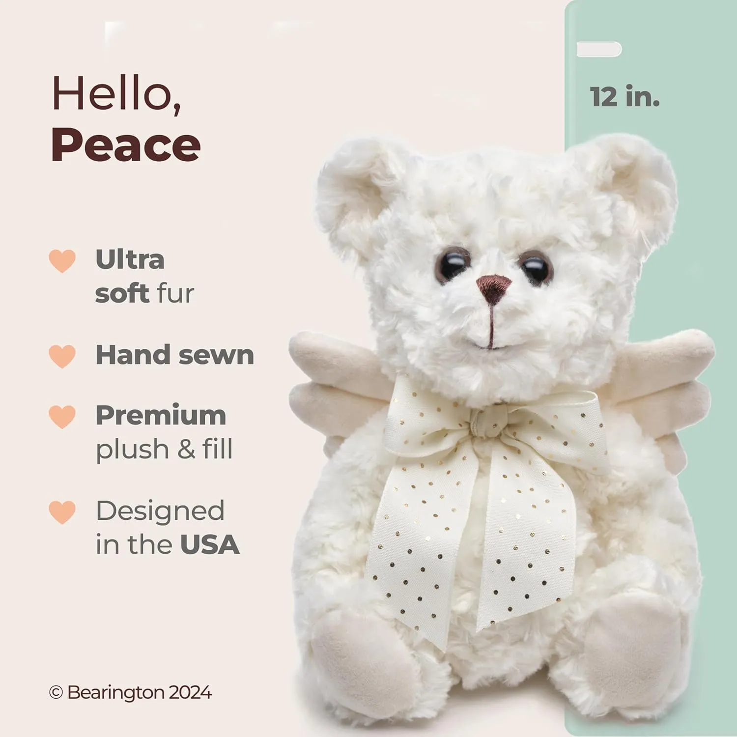 Bearington Peace, 12 Inch Teddy Bear Angel Stuffed Animal, Makes a Great Guardian Angel Gift for Christening, Bereavement, Memory, Sympathy