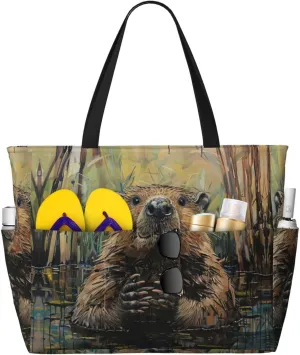 Beaver Print Stylish Beach Tote Bag,Large Capacity Handbag,Perfect For Women'S Vacation And Daily Use