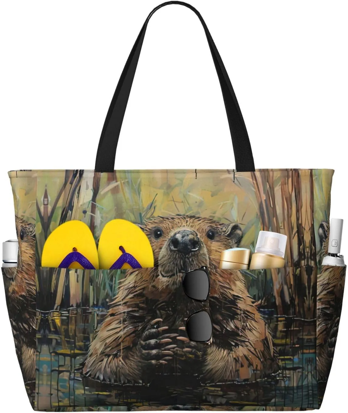 Beaver Print Stylish Beach Tote Bag,Large Capacity Handbag,Perfect For Women'S Vacation And Daily Use
