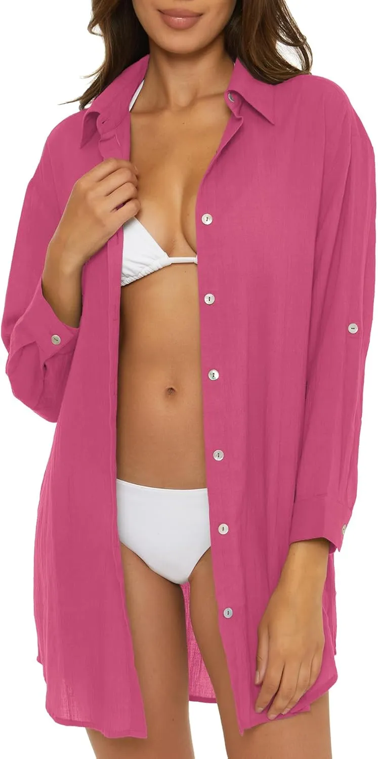 BECCA Gauzy Shirt Dress, Collared Button-up, Beach Cover Ups for Women