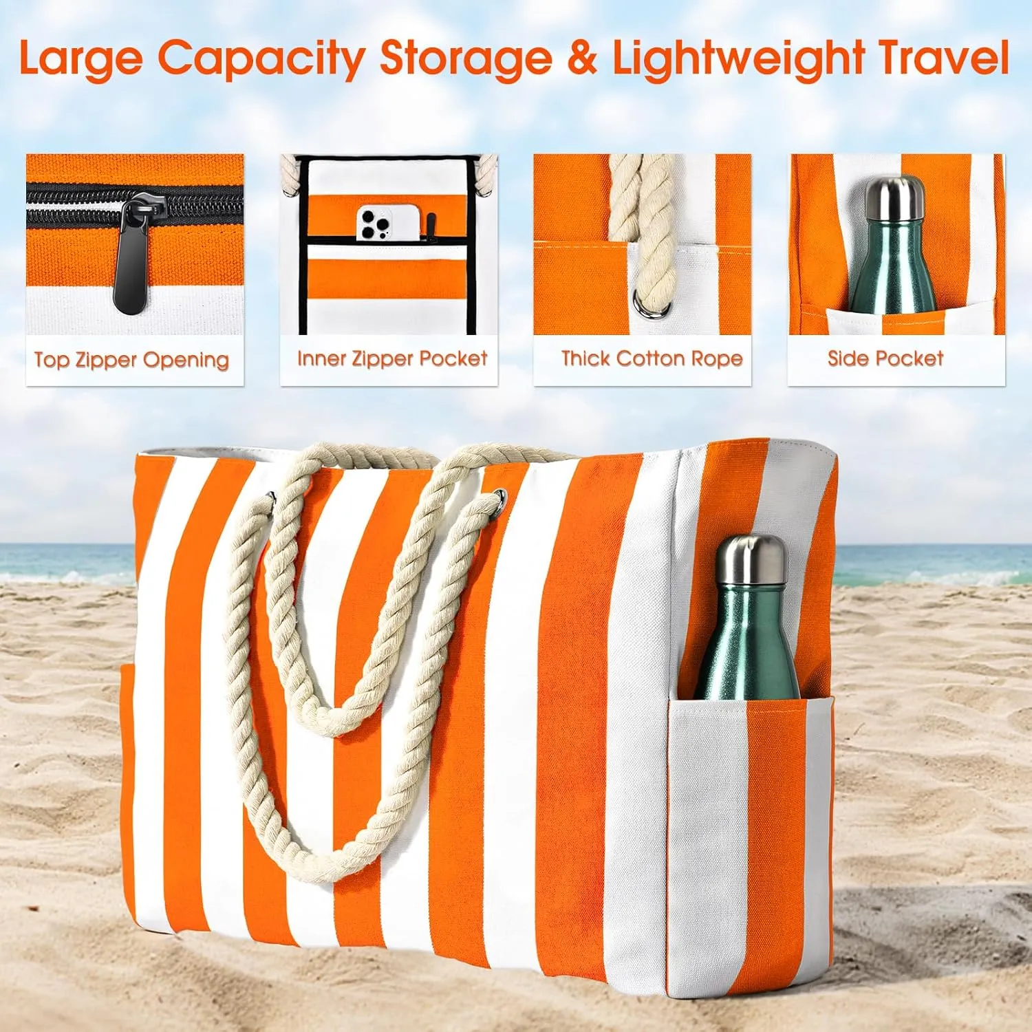 Becokan Women's Pool Swim Bag - Waterproof Sandproof Large Stripe Beach Tote with Zipper