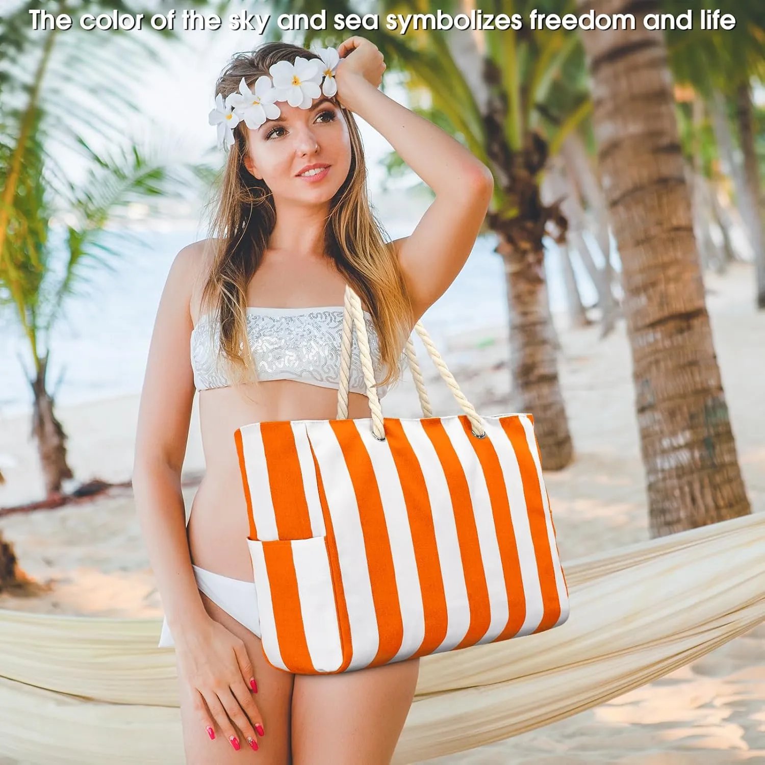 Becokan Women's Pool Swim Bag - Waterproof Sandproof Large Stripe Beach Tote with Zipper