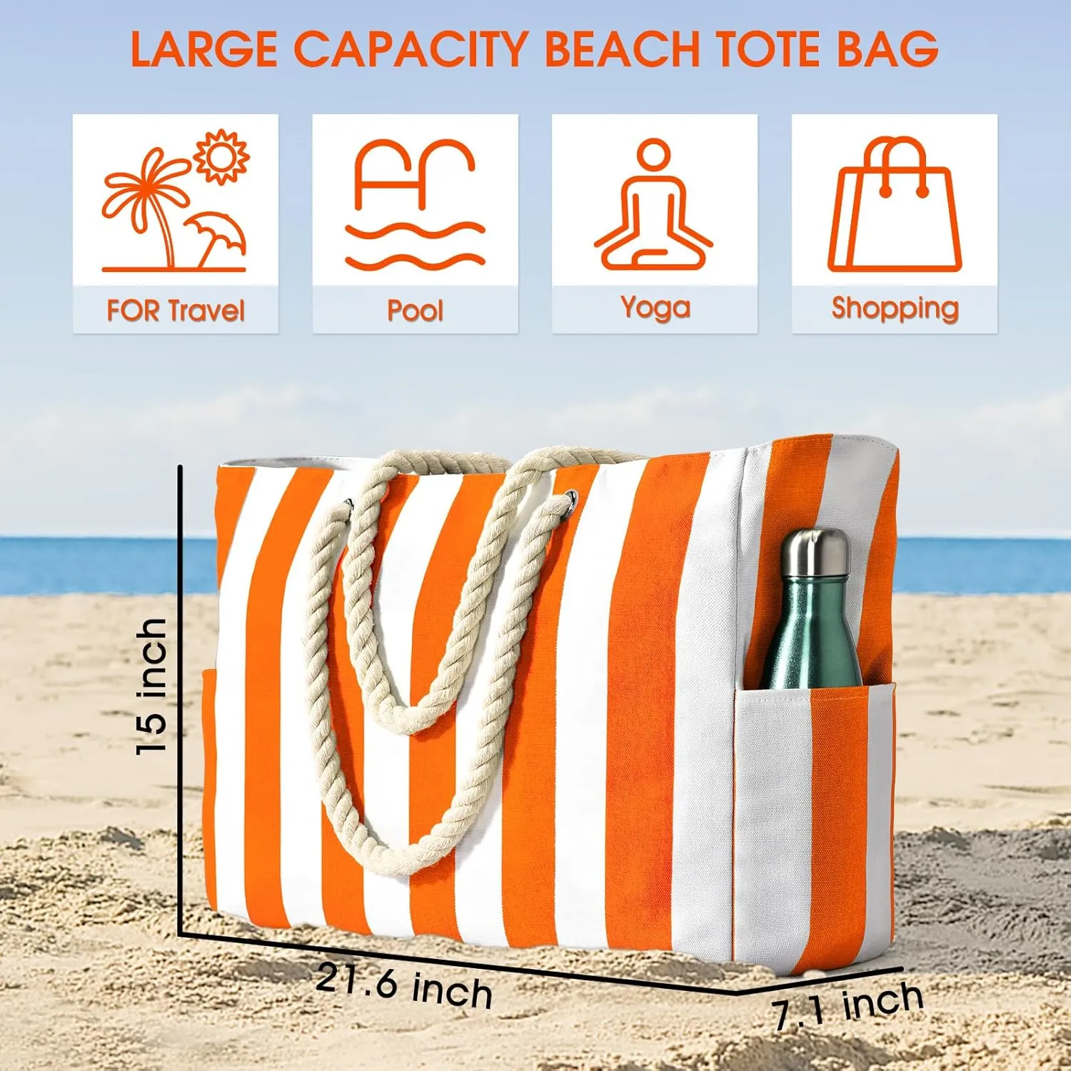 Becokan Women's Pool Swim Bag - Waterproof Sandproof Large Stripe Beach Tote with Zipper