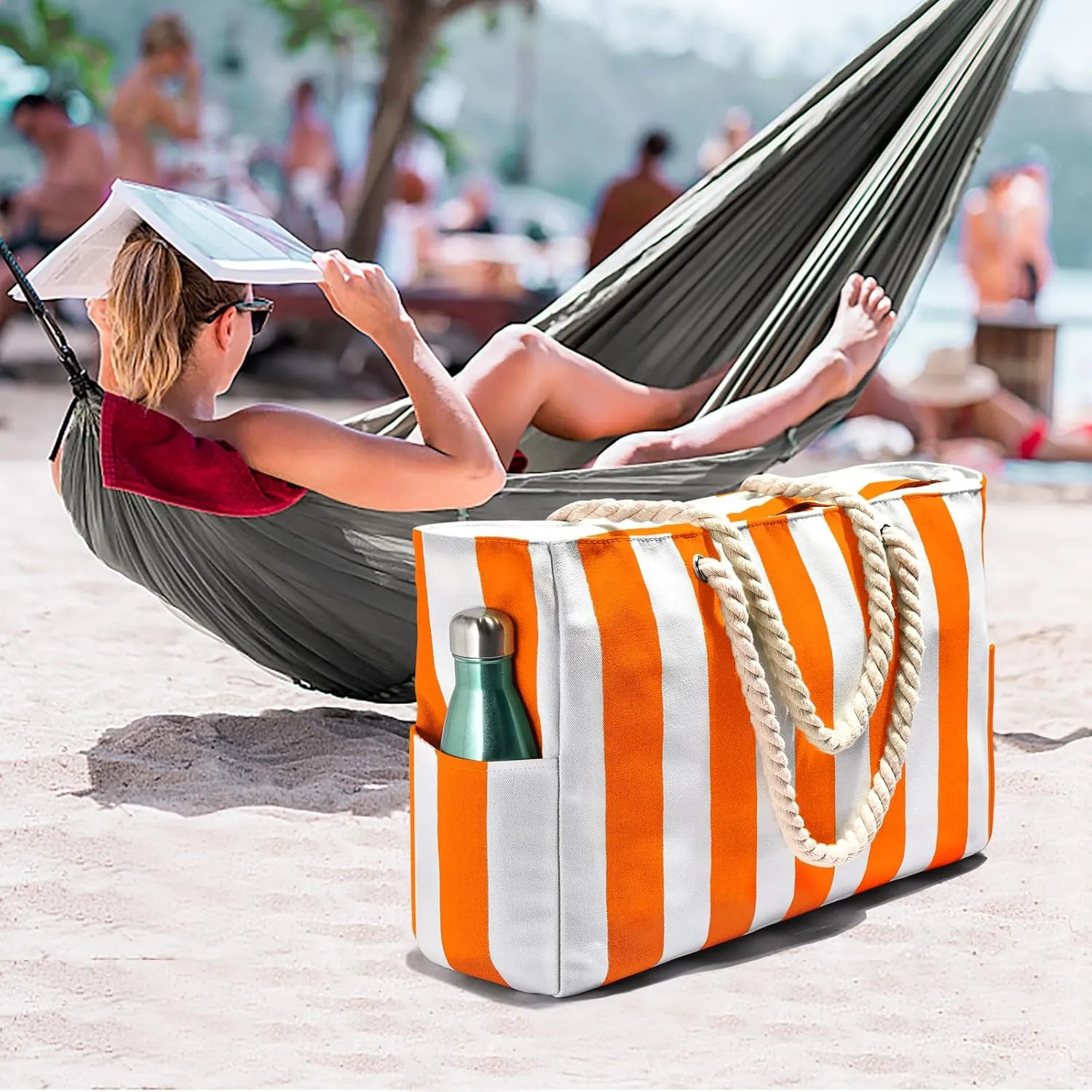 Becokan Women's Pool Swim Bag - Waterproof Sandproof Large Stripe Beach Tote with Zipper