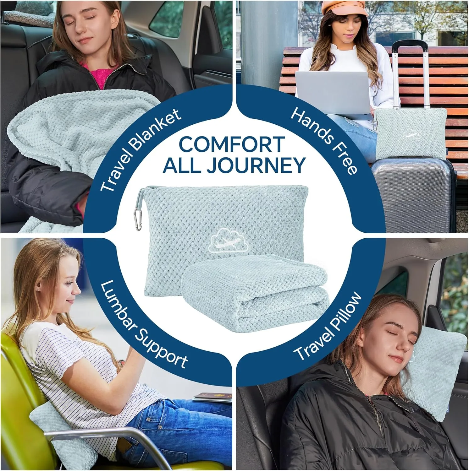 BEDELITE Travel Blanket Airplane Compact with Bag, Portable and Packable 2 in 1 Jacquard Travel Pillow and Blanket Set, Airplane Blanket Travel Essentials with Luggage Sleeve & Backpack Clip, Blue
