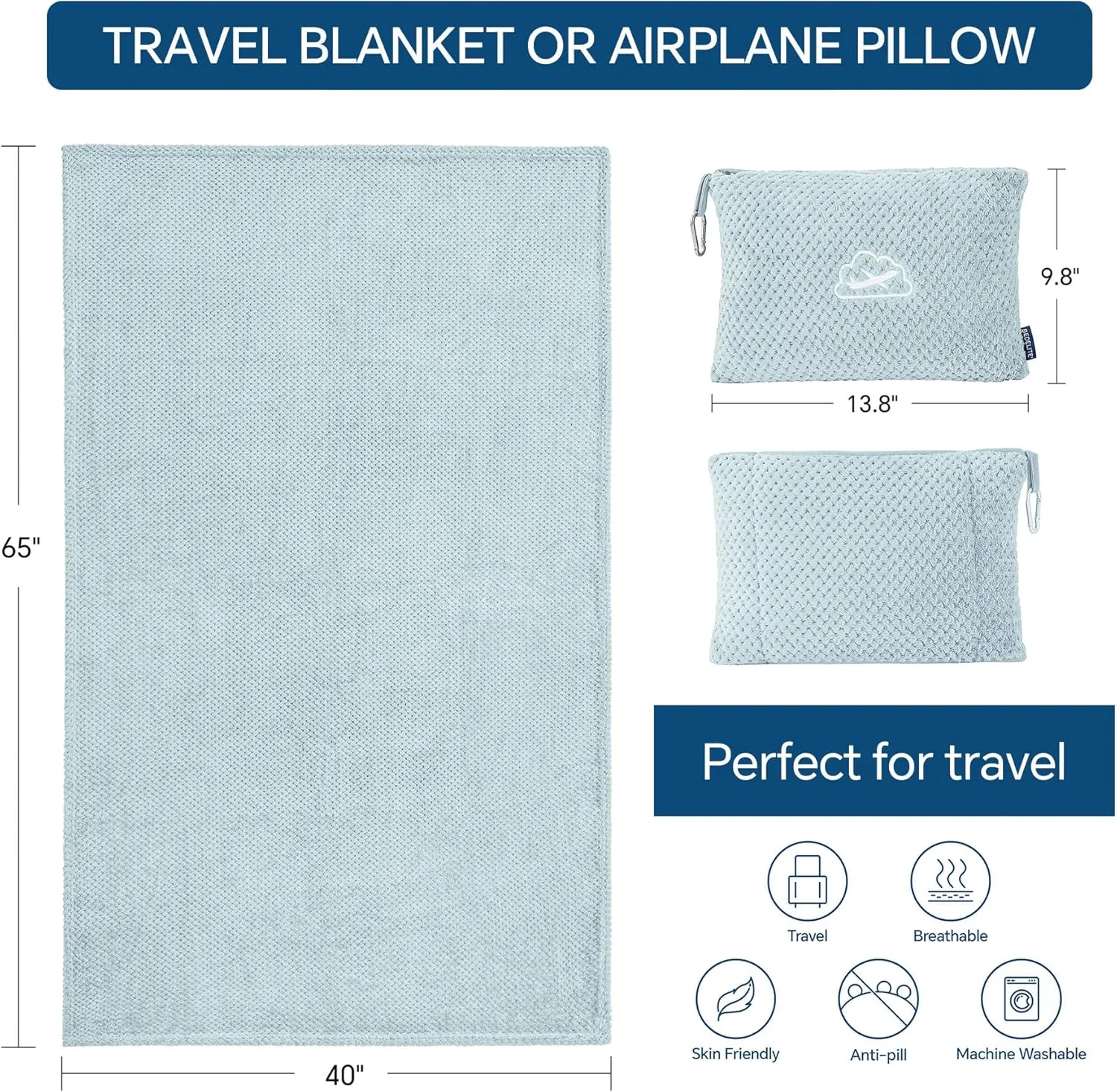 BEDELITE Travel Blanket Airplane Compact with Bag, Portable and Packable 2 in 1 Jacquard Travel Pillow and Blanket Set, Airplane Blanket Travel Essentials with Luggage Sleeve & Backpack Clip, Blue