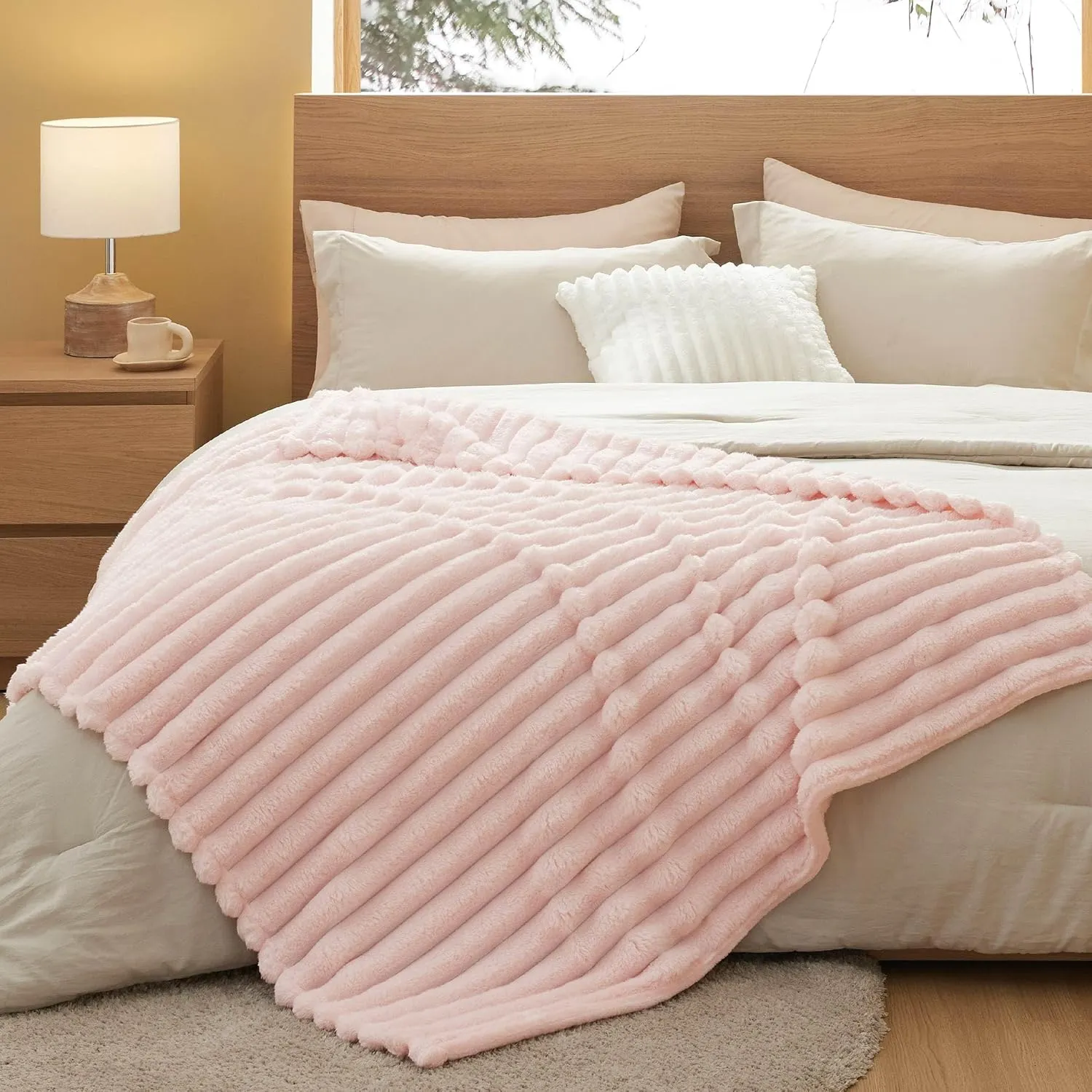 Bedsure Pink Throw Blanket for Couch - Super Soft Cozy Blankets for Women, Cute Small Fleece Throws for Girls,50x60 Inches, Wider Striped Design，Pink Christmas Decor