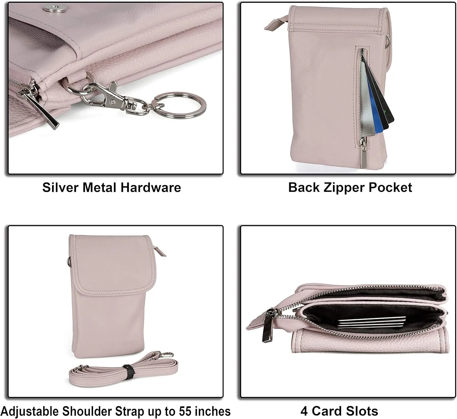 befen Genuine Leather Small Crossbody Bags for Women Cell Phone Bag Cross Body Purses,Silver Zipper