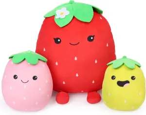 BenBen Strawberry Plush Toy, Set of 3, 12'', 7'' and 6'', Squishy Fruit Stuffed Plushies, Soft Hugging Cushion, Plush Pillow for Girls, Home Decorations, Easter Gifts