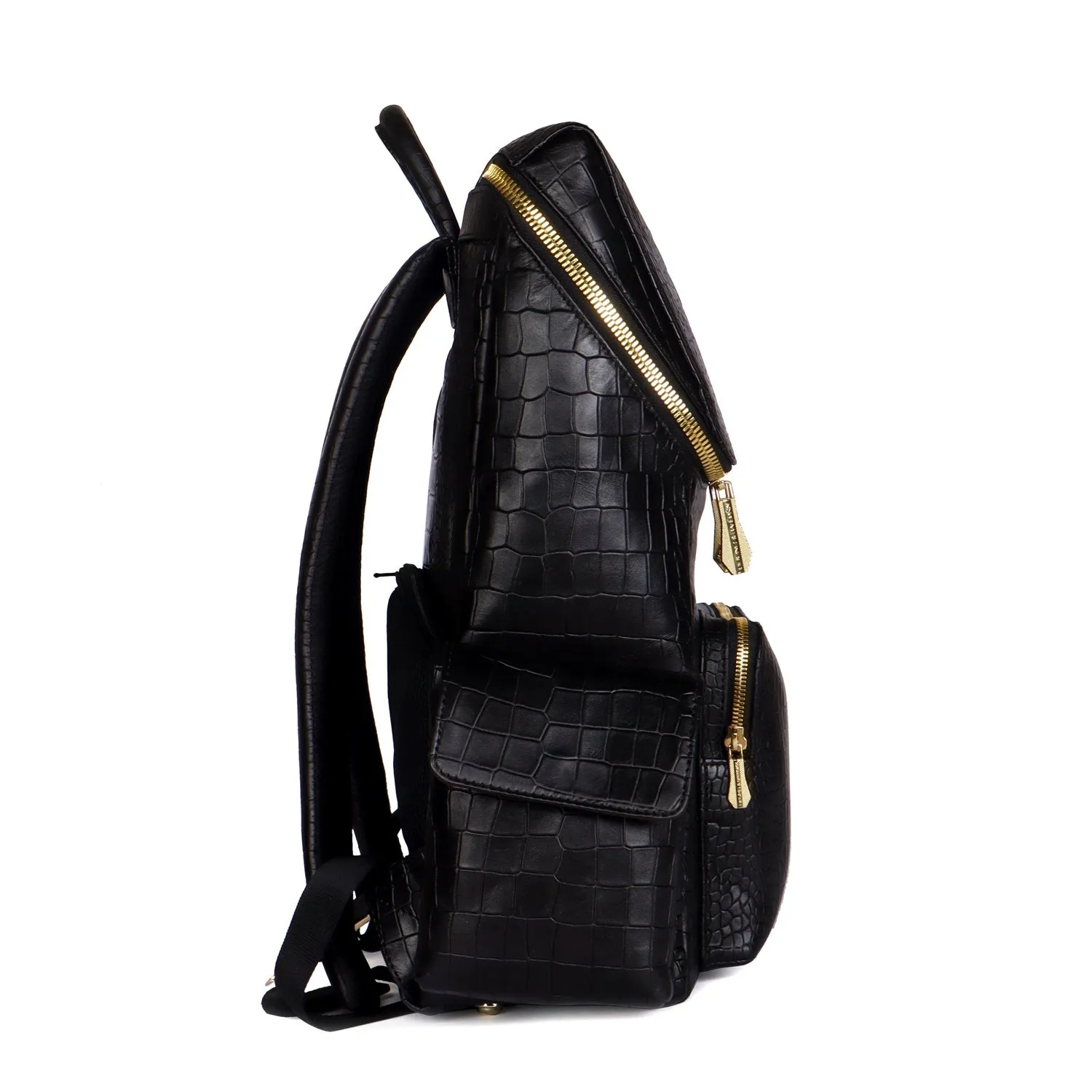 Bespoke "S" Hand-Painted Initial Embossed Lion Top Opening Black Croco Print Leather Backpack By Brune and Bareskin