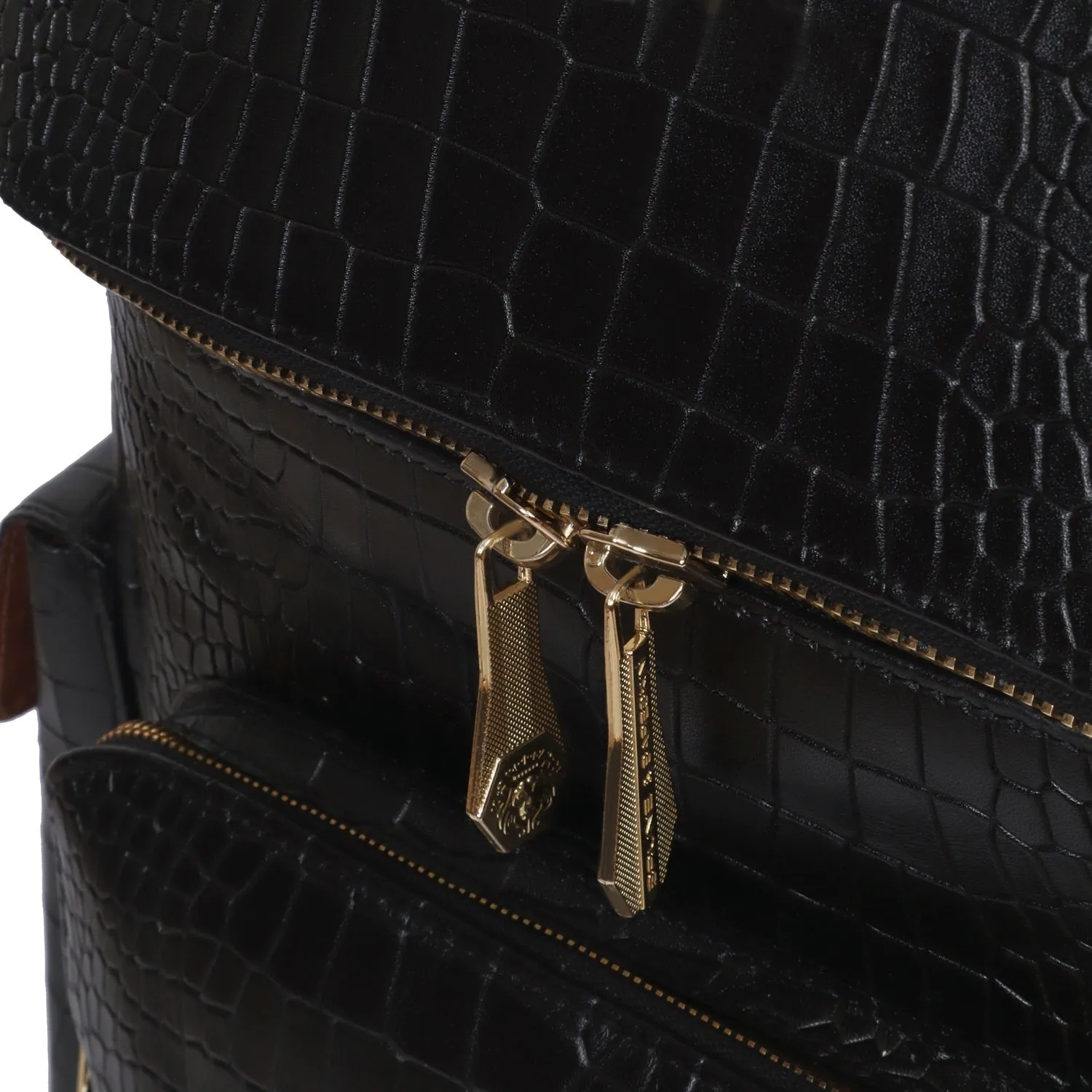Bespoke "S" Hand-Painted Initial Embossed Lion Top Opening Black Croco Print Leather Backpack By Brune and Bareskin