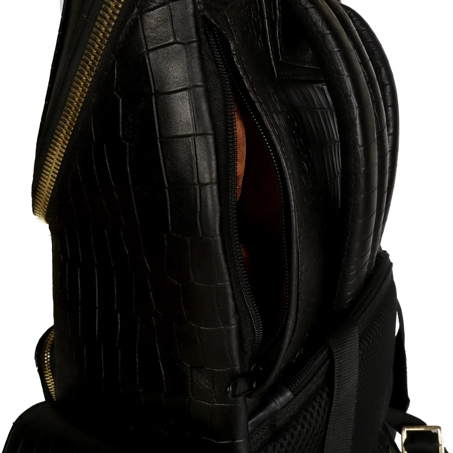 Bespoke "S" Hand-Painted Initial Embossed Lion Top Opening Black Croco Print Leather Backpack By Brune and Bareskin