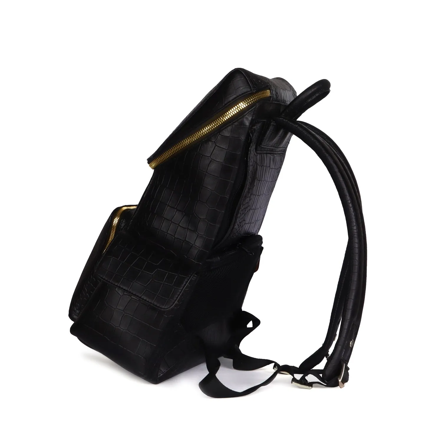 Bespoke "S" Hand-Painted Initial Embossed Lion Top Opening Black Croco Print Leather Backpack By Brune and Bareskin