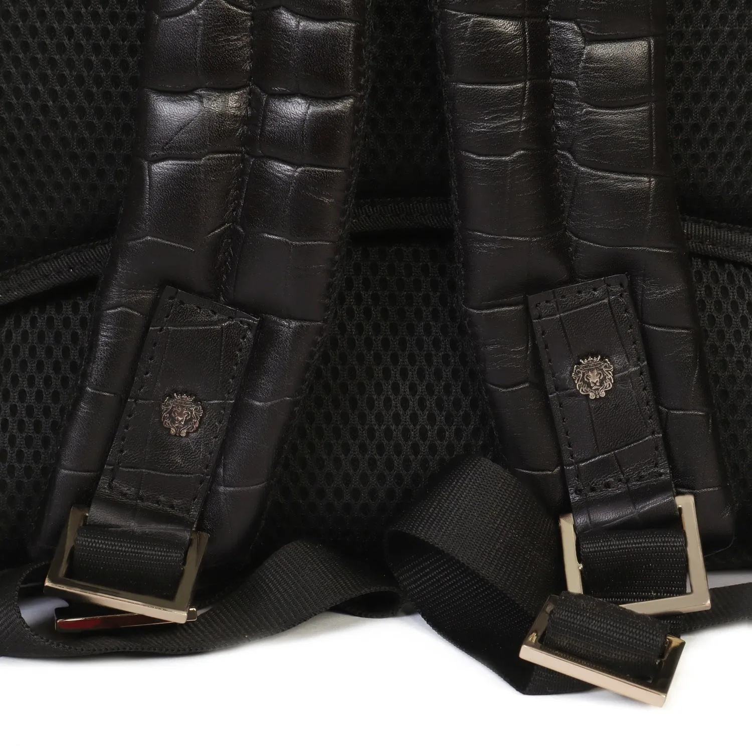 Bespoke "S" Hand-Painted Initial Embossed Lion Top Opening Black Croco Print Leather Backpack By Brune and Bareskin