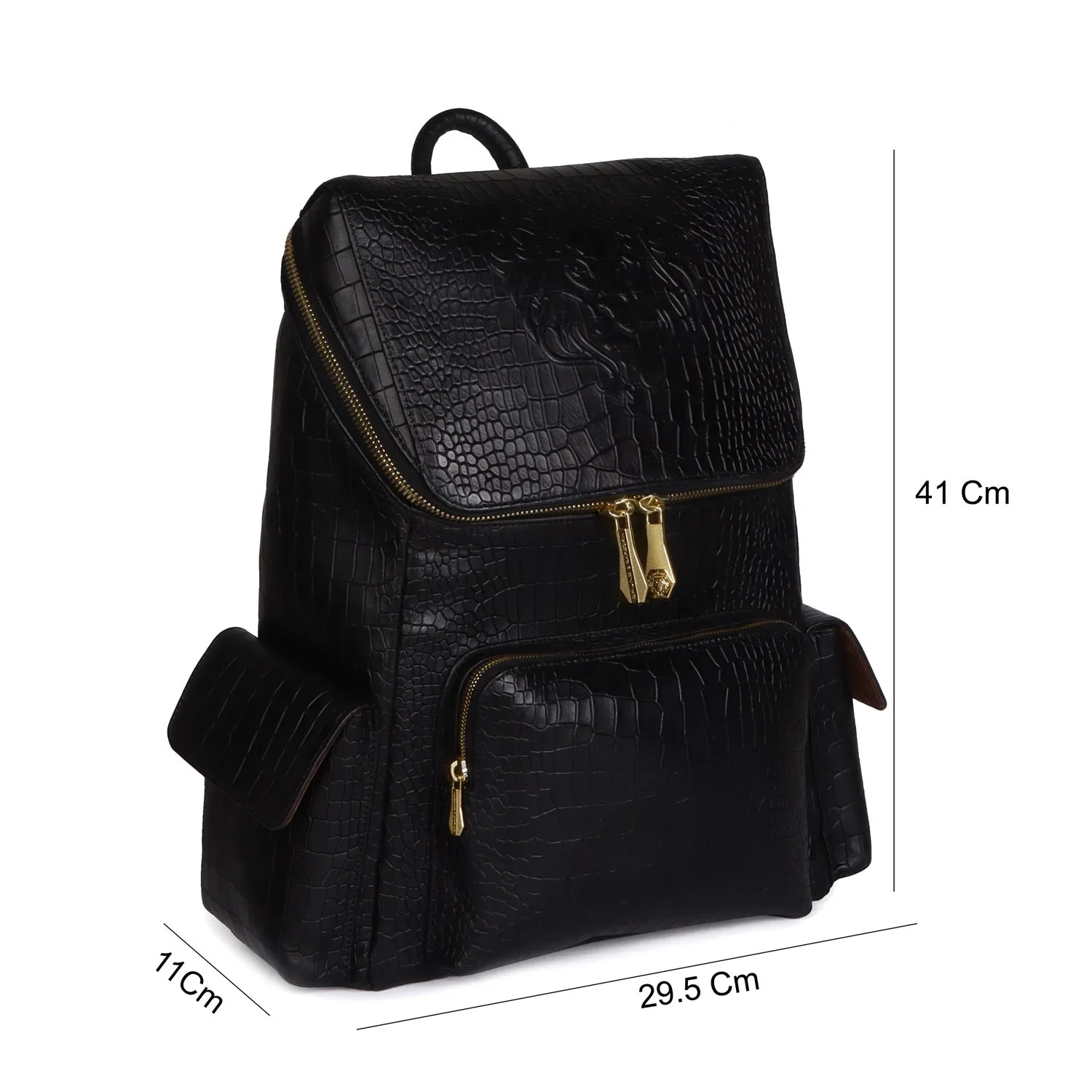 Bespoke "S" Hand-Painted Initial Embossed Lion Top Opening Black Croco Print Leather Backpack By Brune and Bareskin