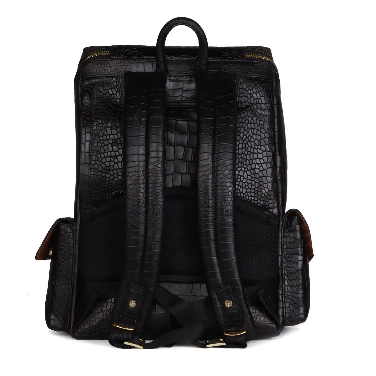 Bespoke "S" Hand-Painted Initial Embossed Lion Top Opening Black Croco Print Leather Backpack By Brune and Bareskin
