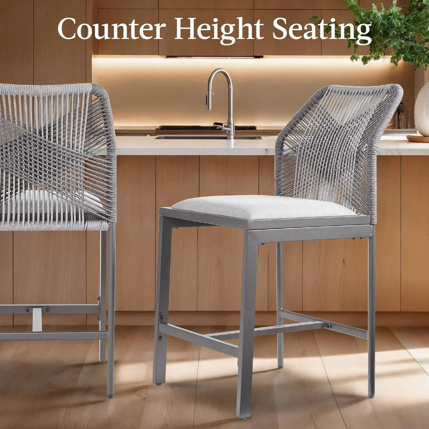 Best Choice Products Indoor Outdoor Counter Height Bar Stools Set of 2, Armless Kitchen Counter Stools w/Back and Footrest, Built-in Cushion, Aluminum Frame - Charcoal/Graphite
