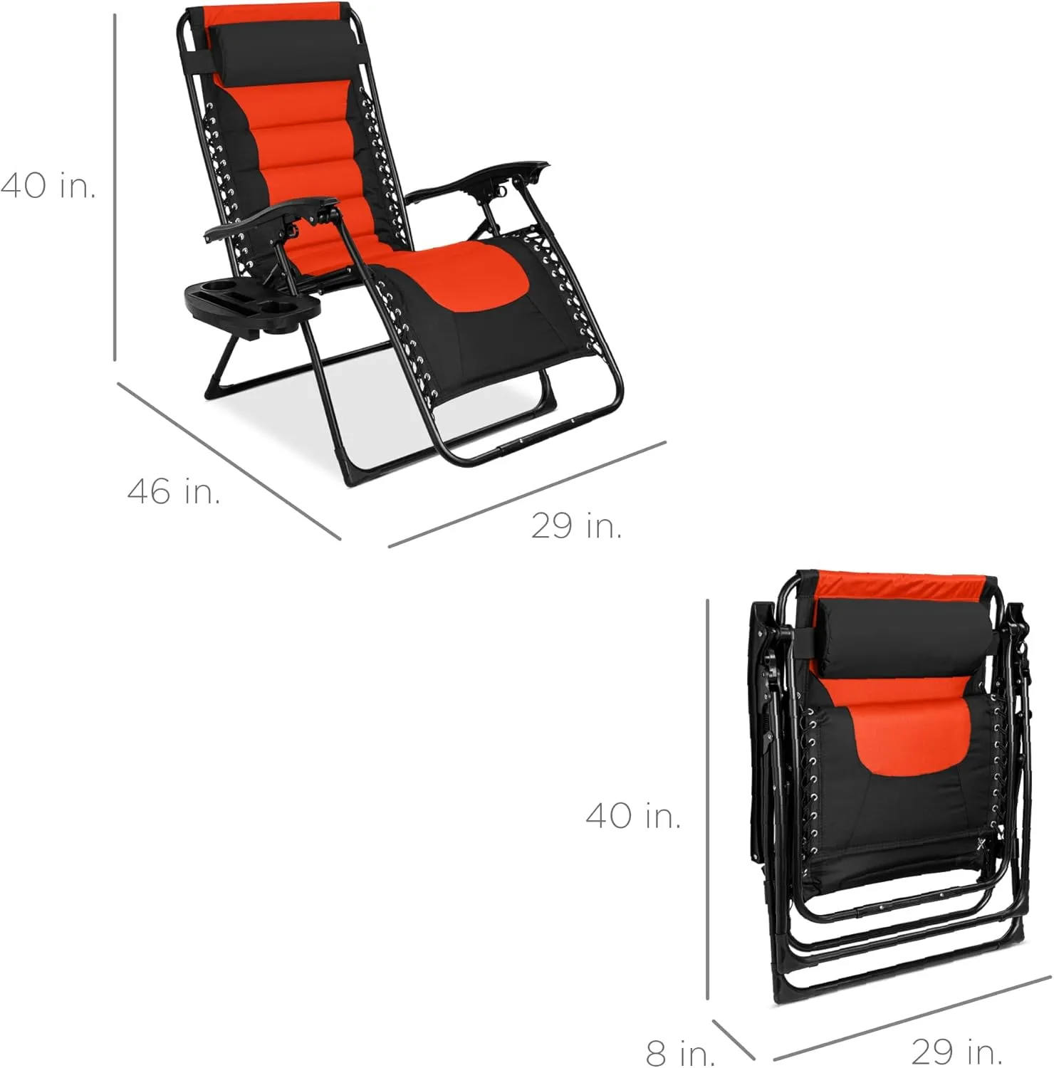 Best Choice Products Oversized Padded Zero Gravity Chair, Folding Outdoor Patio Recliner, XL Anti Gravity Lounger for Backyard w/Headrest, Cup Holder, Side Tray, Polyester Mesh - Black/Orange
