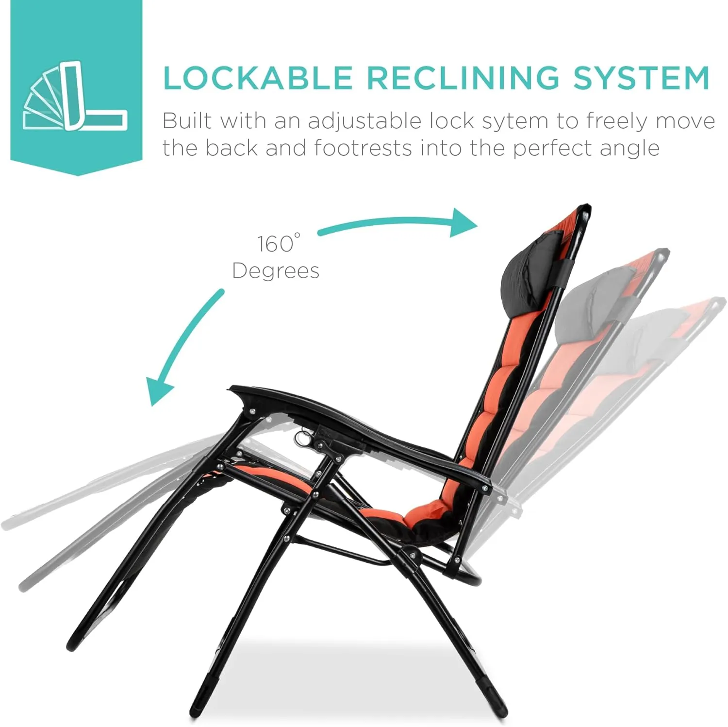 Best Choice Products Oversized Padded Zero Gravity Chair, Folding Outdoor Patio Recliner, XL Anti Gravity Lounger for Backyard w/Headrest, Cup Holder, Side Tray, Polyester Mesh - Black/Orange