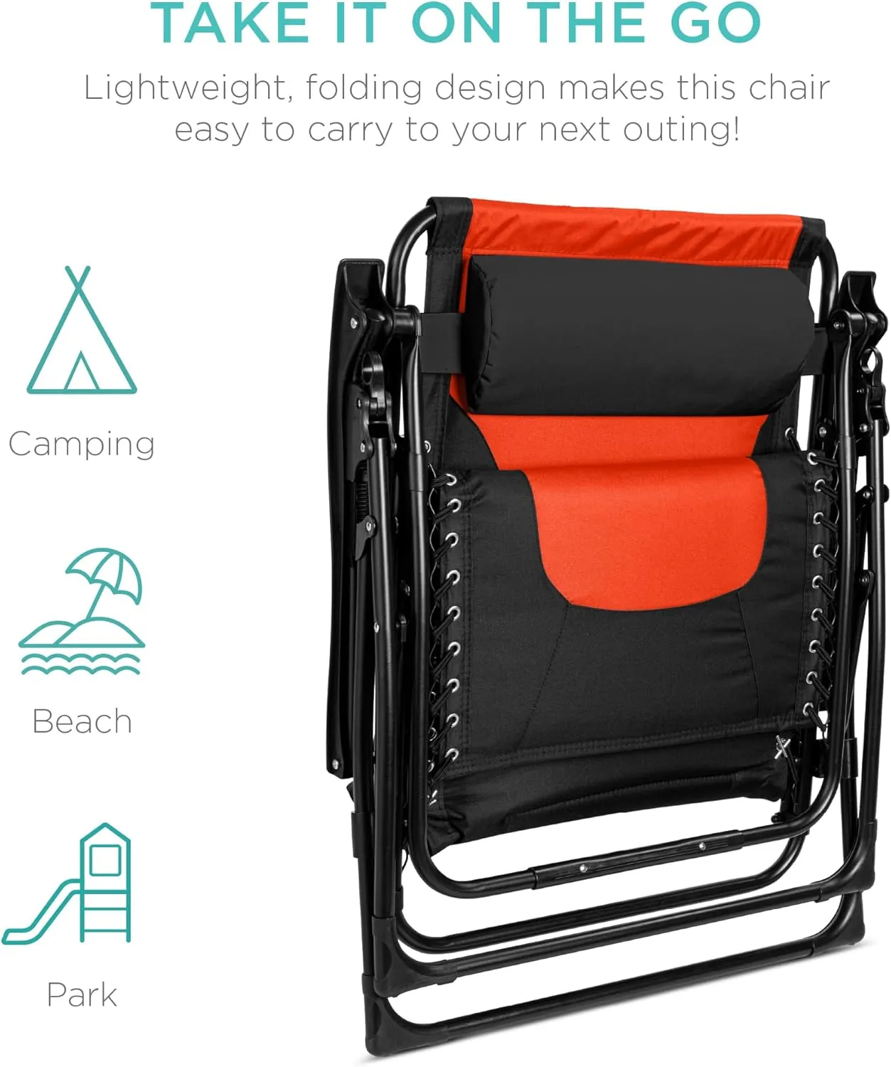 Best Choice Products Oversized Padded Zero Gravity Chair, Folding Outdoor Patio Recliner, XL Anti Gravity Lounger for Backyard w/Headrest, Cup Holder, Side Tray, Polyester Mesh - Black/Orange