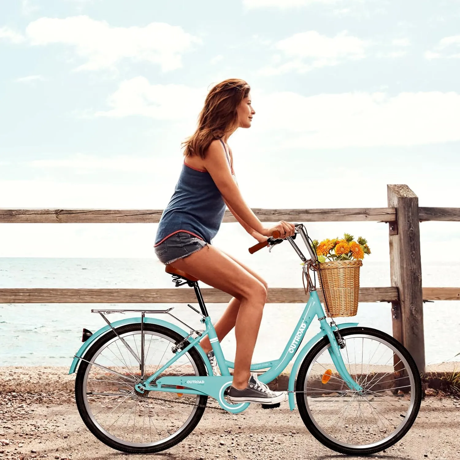 Betterland Beach Cruiser Bike for Women, 24/26 Inch Female Commute Bike, 1 Speed Women Bicycle with Basket, Dual V-Brake, Adjustable Seat, Woman City Bike