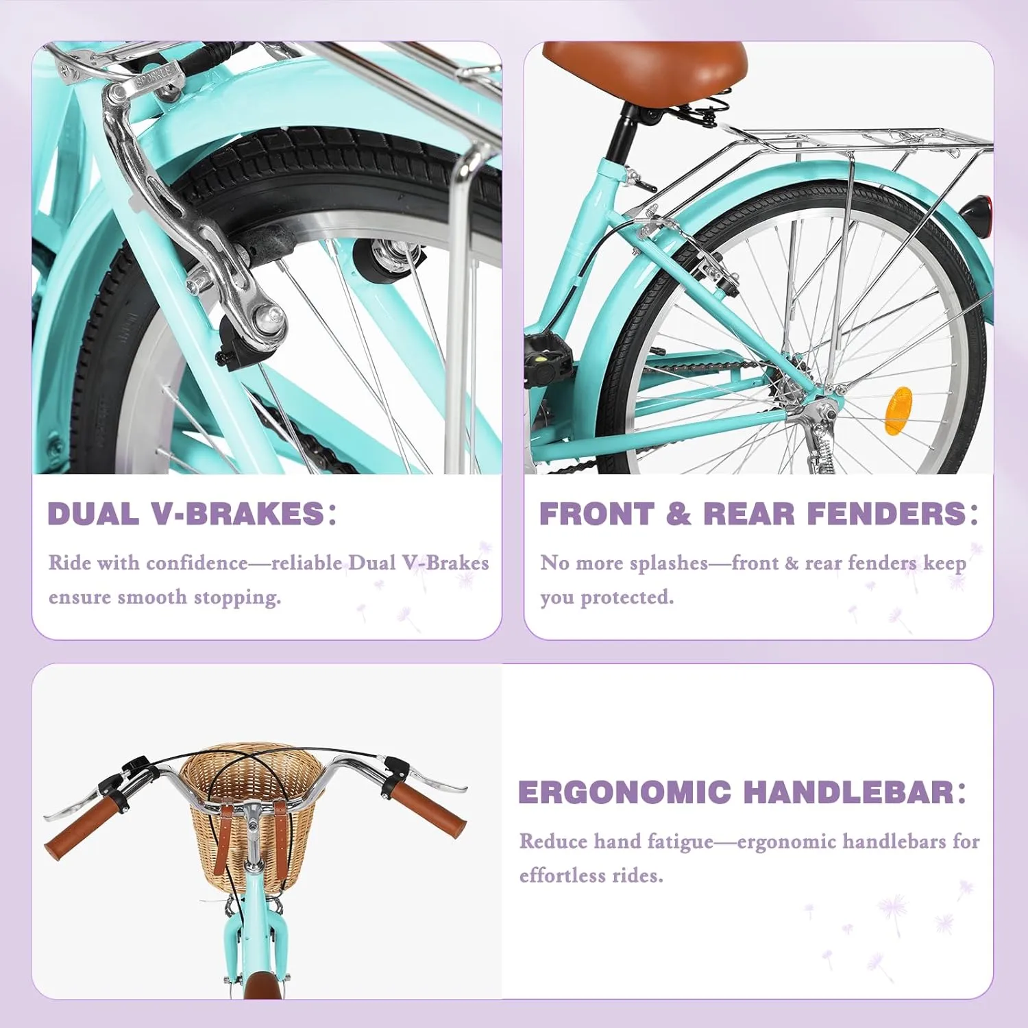Betterland Beach Cruiser Bike for Women, 24/26 Inch Female Commute Bike, 1 Speed Women Bicycle with Basket, Dual V-Brake, Adjustable Seat, Woman City Bike