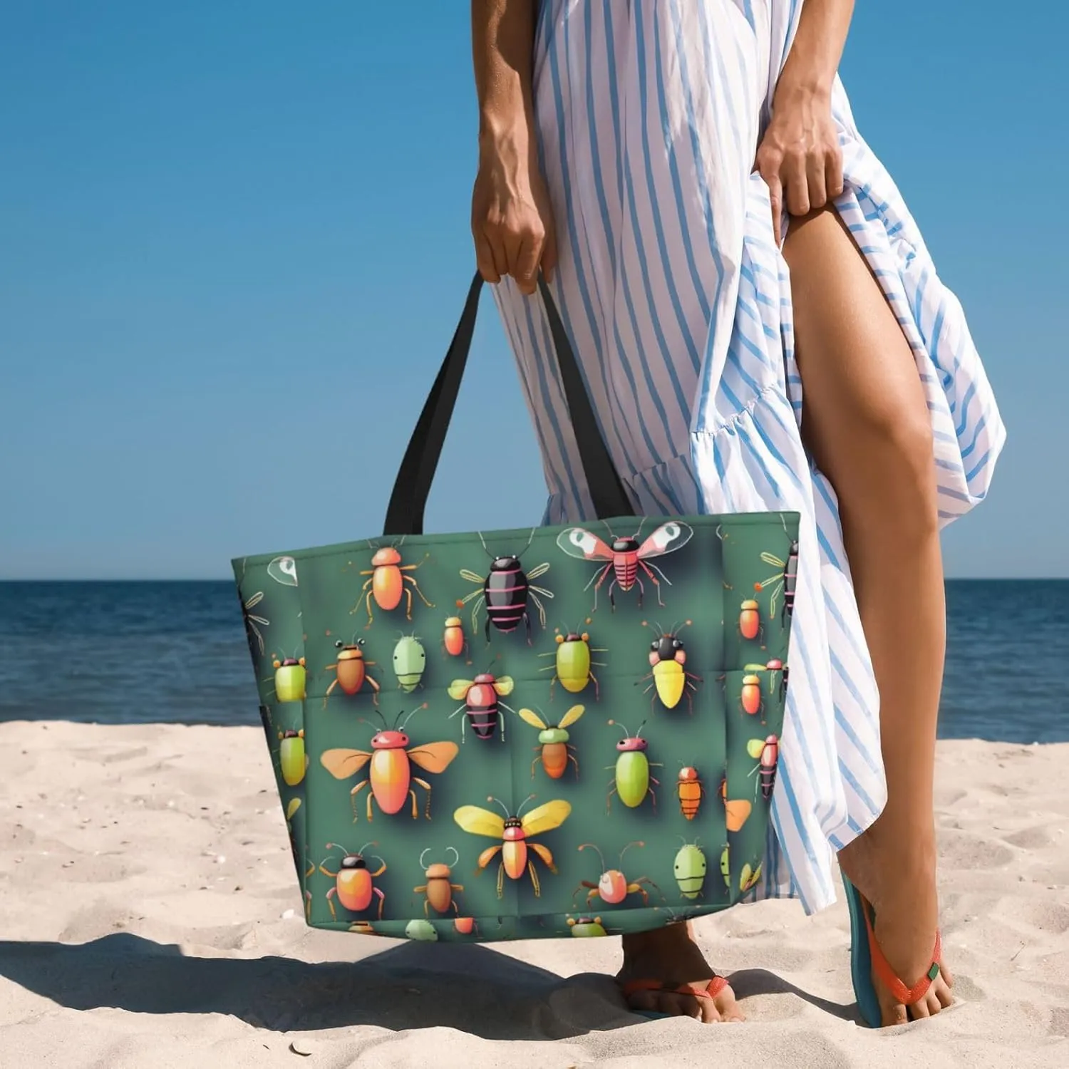 Black And White Lines Spacious Large Capacity Beach Travel Bag - Foldable Beach Bag Tote Bag With Zipper