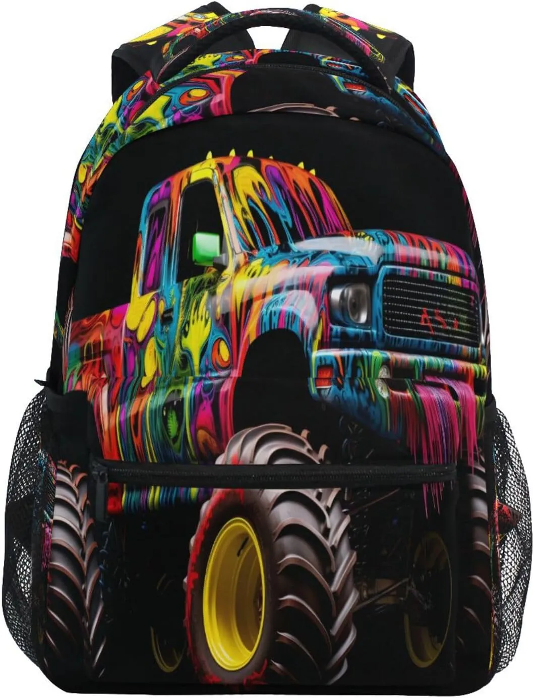 Black Colorful Monster Truck Backpack Daypack Shoulder Bag Book Bag Lightweight Back Pack 11.4 ×16 In