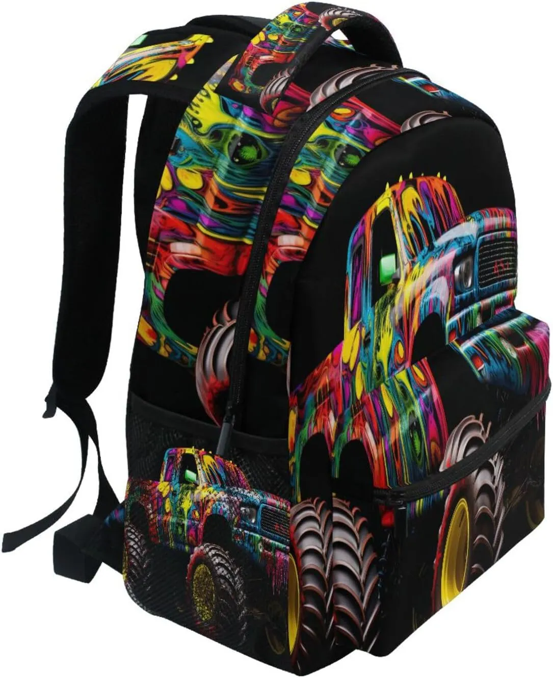 Black Colorful Monster Truck Backpack Daypack Shoulder Bag Book Bag Lightweight Back Pack 11.4 ×16 In