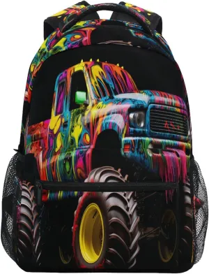 Black Colorful Monster Truck Backpack Daypack Shoulder Bag Book Bag Lightweight Back Pack 11.4 ×16 In