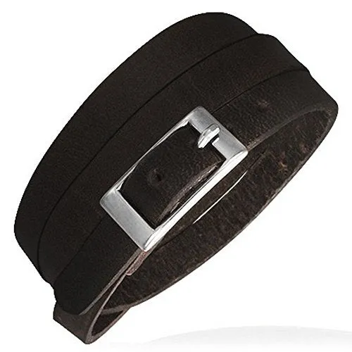 Black Leather Alloy Silver-Tone Belt Buckle Wristband Wrap Multi-Layer Bracelet