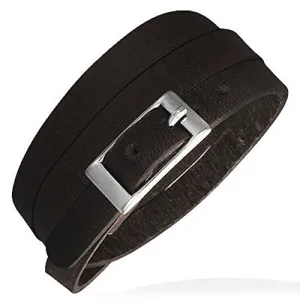 Black Leather Alloy Silver-Tone Belt Buckle Wristband Wrap Multi-Layer Bracelet