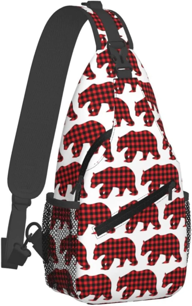 Black Red Buffalo Plaid Bears Crossbody Bag Cross Chest Bag Adjustable Sling Backpack Sports Gym Shoulder Bags Travel Cycling Daypack Diagonally Casual Rucksack