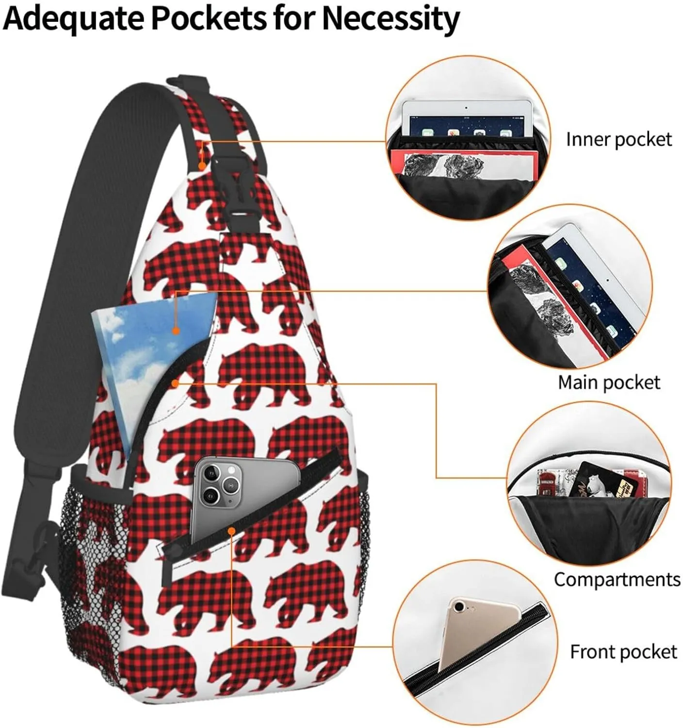 Black Red Buffalo Plaid Bears Crossbody Bag Cross Chest Bag Adjustable Sling Backpack Sports Gym Shoulder Bags Travel Cycling Daypack Diagonally Casual Rucksack