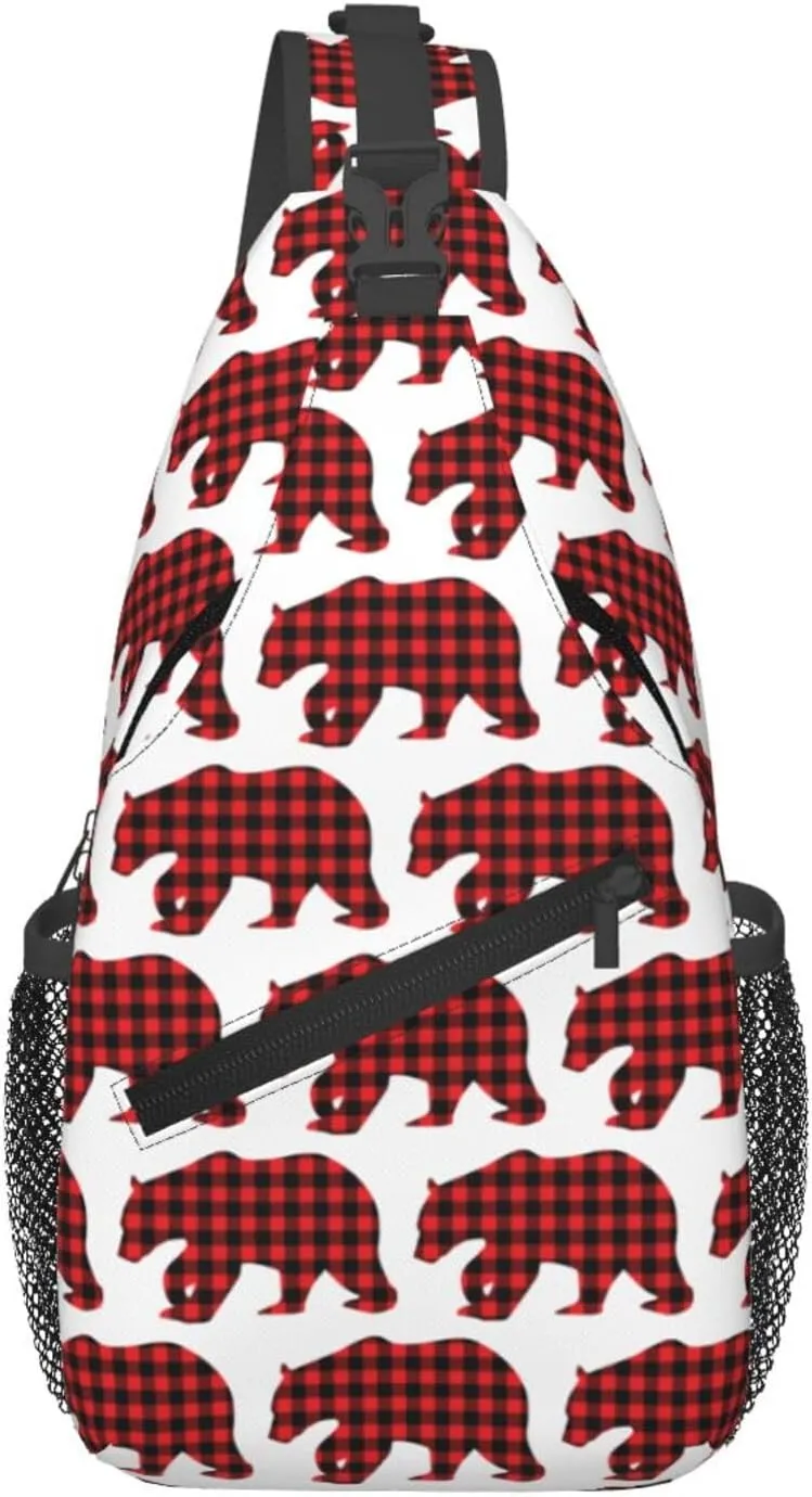 Black Red Buffalo Plaid Bears Crossbody Bag Cross Chest Bag Adjustable Sling Backpack Sports Gym Shoulder Bags Travel Cycling Daypack Diagonally Casual Rucksack