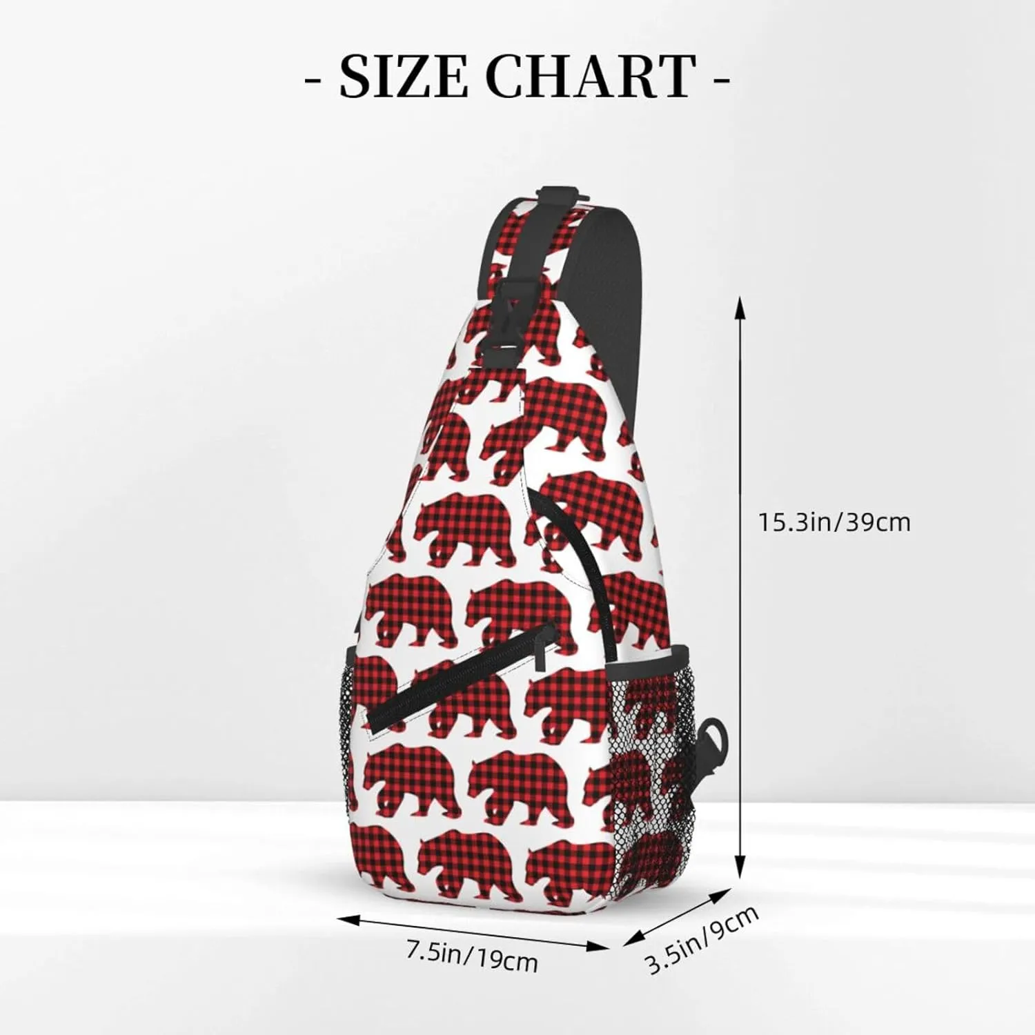 Black Red Buffalo Plaid Bears Crossbody Bag Cross Chest Bag Adjustable Sling Backpack Sports Gym Shoulder Bags Travel Cycling Daypack Diagonally Casual Rucksack
