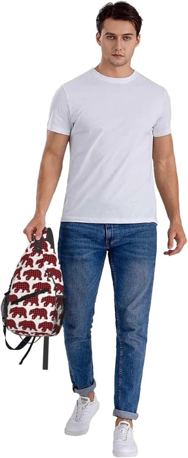 Black Red Buffalo Plaid Bears Crossbody Bag Cross Chest Bag Adjustable Sling Backpack Sports Gym Shoulder Bags Travel Cycling Daypack Diagonally Casual Rucksack