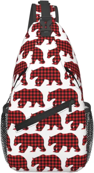 Black Red Buffalo Plaid Bears Crossbody Bag Cross Chest Bag Adjustable Sling Backpack Sports Gym Shoulder Bags Travel Cycling Daypack Diagonally Casual Rucksack