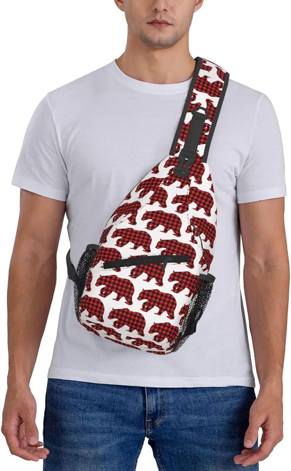 Black Red Buffalo Plaid Bears Crossbody Bag Cross Chest Bag Adjustable Sling Backpack Sports Gym Shoulder Bags Travel Cycling Daypack Diagonally Casual Rucksack