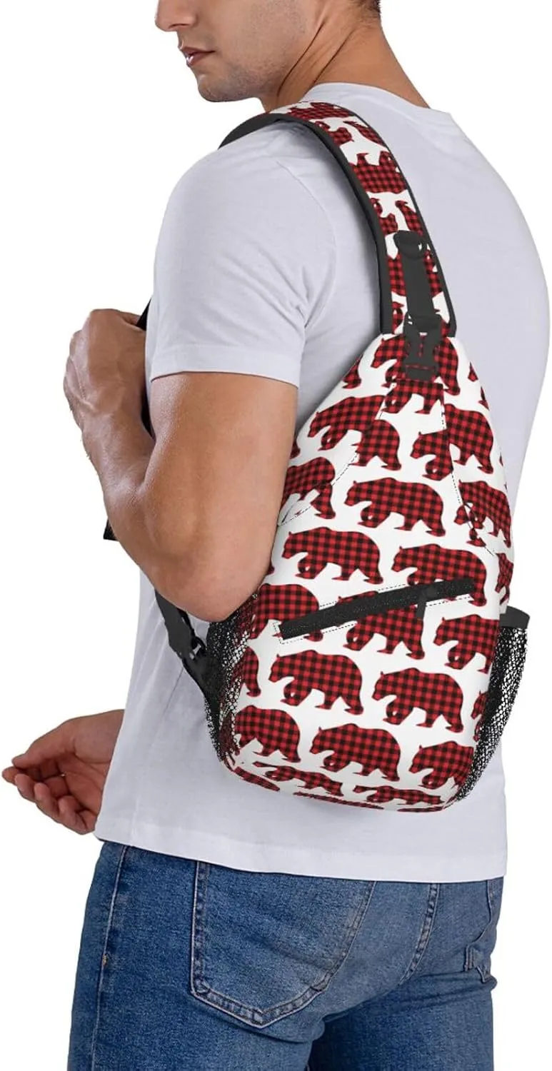 Black Red Buffalo Plaid Bears Crossbody Bag Cross Chest Bag Adjustable Sling Backpack Sports Gym Shoulder Bags Travel Cycling Daypack Diagonally Casual Rucksack