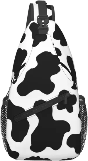 Black White Cow Print Aesthetic Crossbody Bag Cross Chest Bag Adjustable Sling Backpack Sports Gym Shoulder Bags Travel Cycling Daypack Diagonally Casual Rucksack