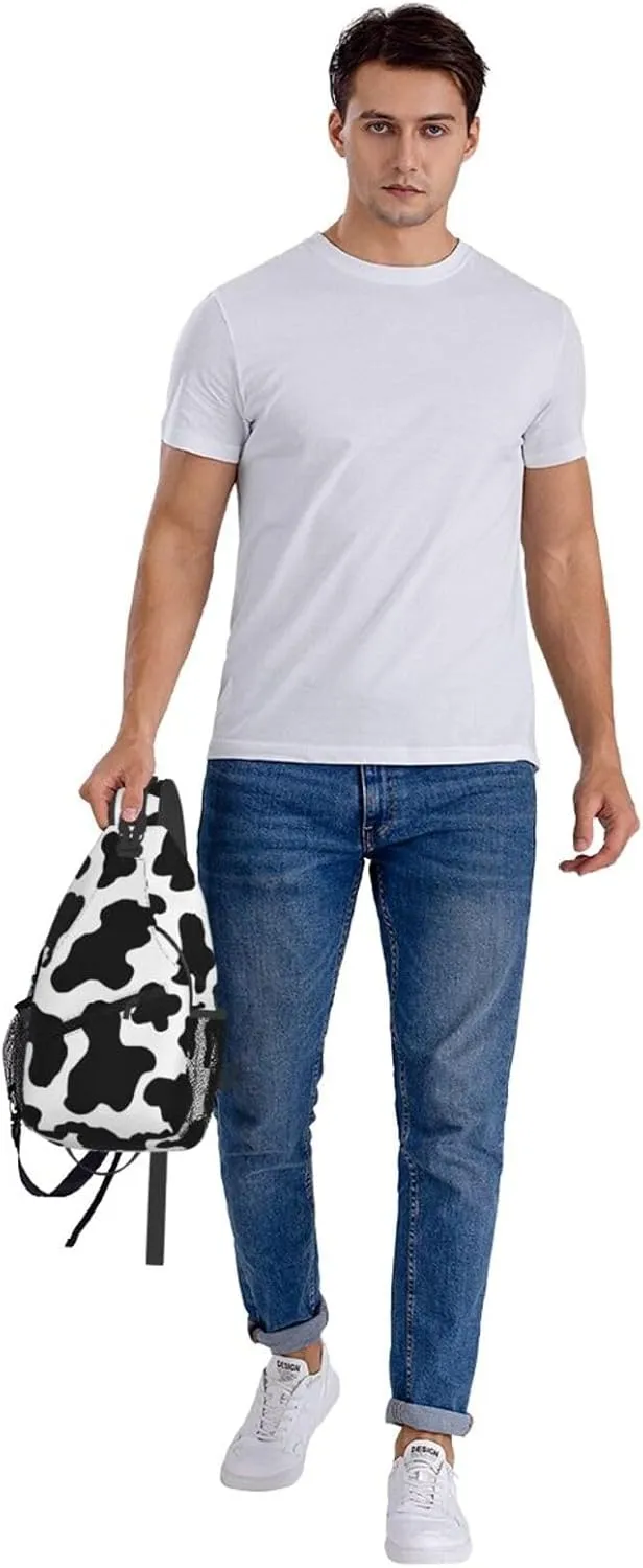 Black White Cow Print Aesthetic Crossbody Bag Cross Chest Bag Adjustable Sling Backpack Sports Gym Shoulder Bags Travel Cycling Daypack Diagonally Casual Rucksack