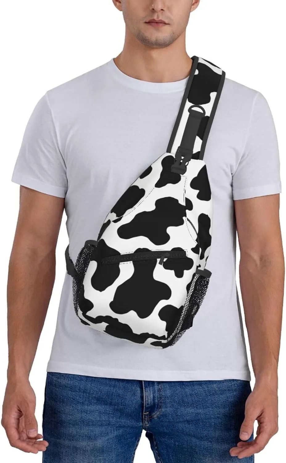 Black White Cow Print Aesthetic Crossbody Bag Cross Chest Bag Adjustable Sling Backpack Sports Gym Shoulder Bags Travel Cycling Daypack Diagonally Casual Rucksack
