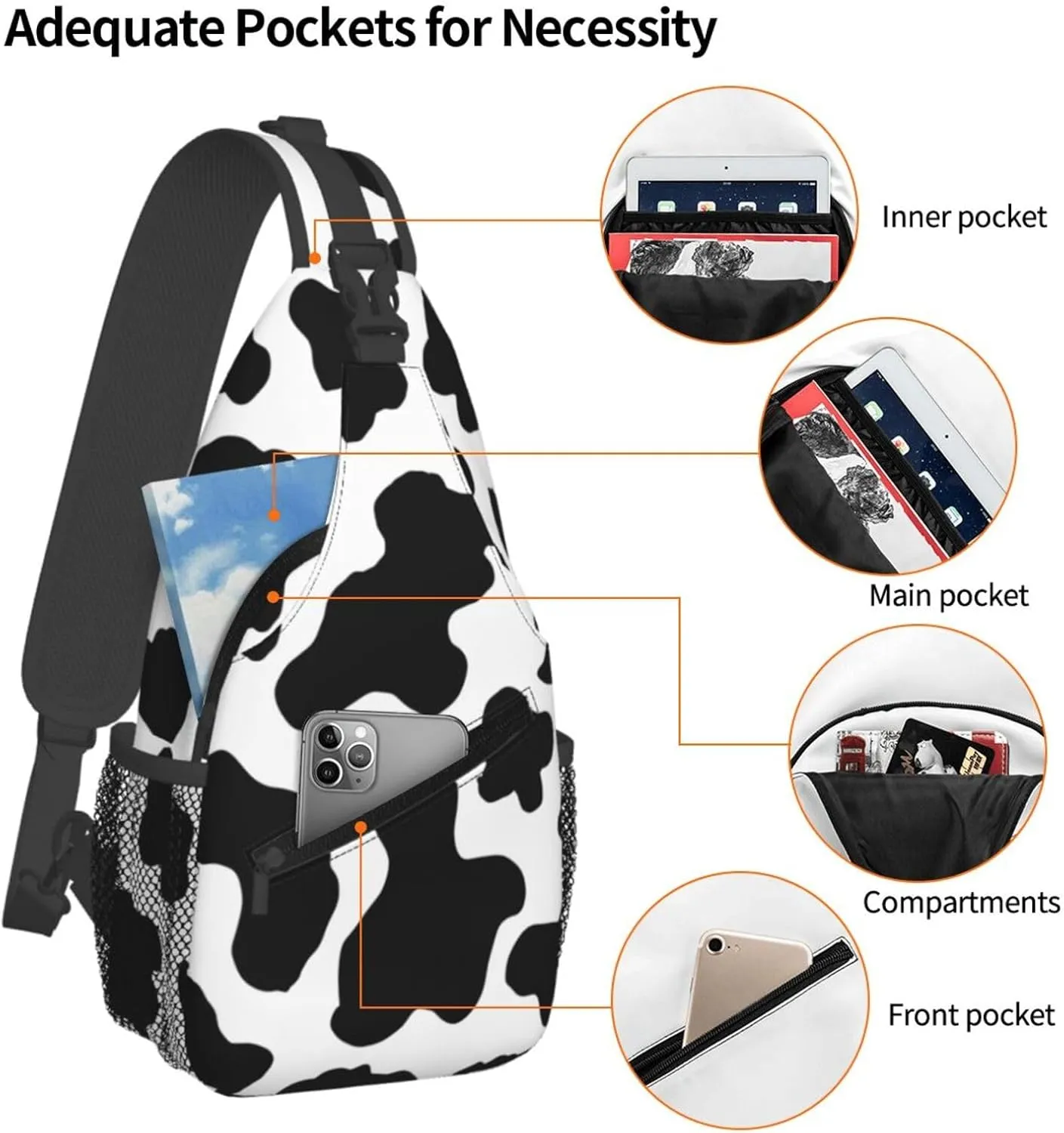 Black White Cow Print Aesthetic Crossbody Bag Cross Chest Bag Adjustable Sling Backpack Sports Gym Shoulder Bags Travel Cycling Daypack Diagonally Casual Rucksack