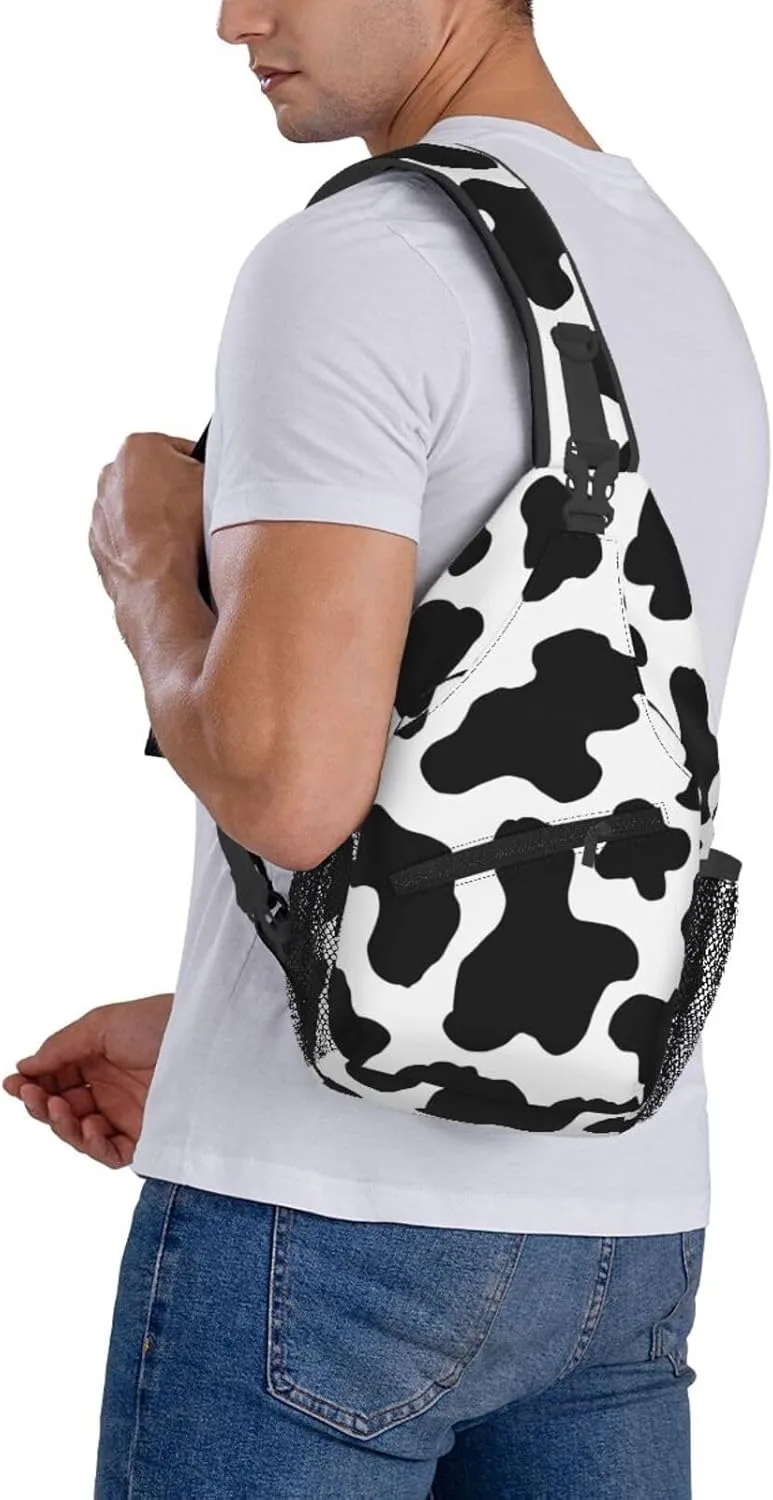 Black White Cow Print Aesthetic Crossbody Bag Cross Chest Bag Adjustable Sling Backpack Sports Gym Shoulder Bags Travel Cycling Daypack Diagonally Casual Rucksack